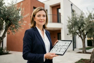 Agente immobiliare donna davanti a un edificio residenziale moderno italiano con tablet e planimetrie, mercato immobiliare 2026