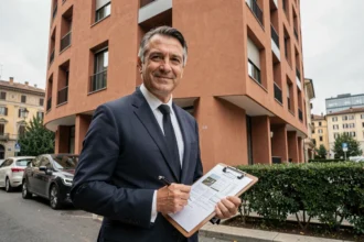 Agente immobiliare italiano davanti a un edificio residenziale moderno a Milano, con documenti di valutazione in mano