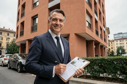 Agente immobiliare italiano davanti a un edificio residenziale moderno a Milano, con documenti di valutazione in mano
