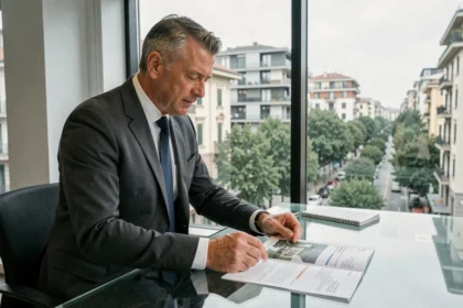 Agente immobiliare milanese che analizza listini prezzi di proprietà nel 2026 in un ufficio moderno con vista sulla città