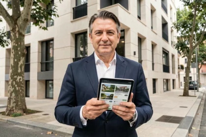 Agente immobiliare italiano davanti a un edificio residenziale moderno a Milano con tablet in mano, previsioni mercato immobiliare 2026