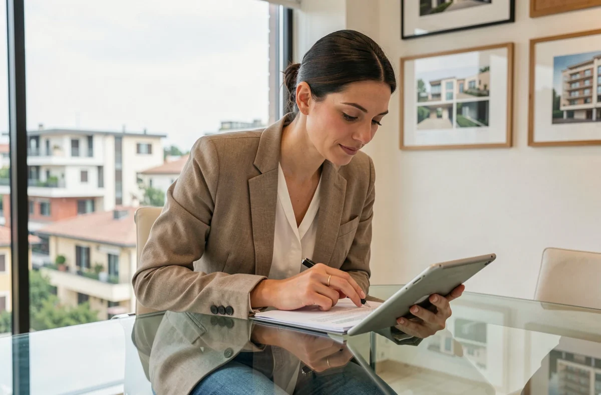 Agente immobiliare italiana che analizza documenti su tablet in un ufficio moderno con vista sulla città, consulenza investimento immobiliare