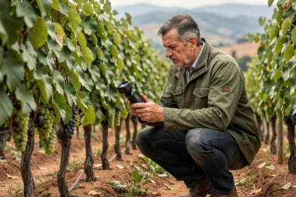 Agricoltore italiano che utilizza un sensore digitale per monitorare la qualità dell'uva in un vigneto toscano, innovazione nel settore agroalimentare