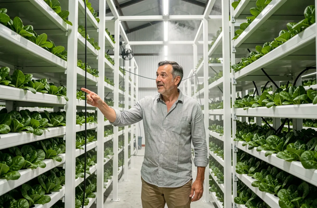 Agronomo italiano in un impianto di agricoltura verticale idroponica, simbolo dell'innovazione tecnologica nel settore agroalimentare