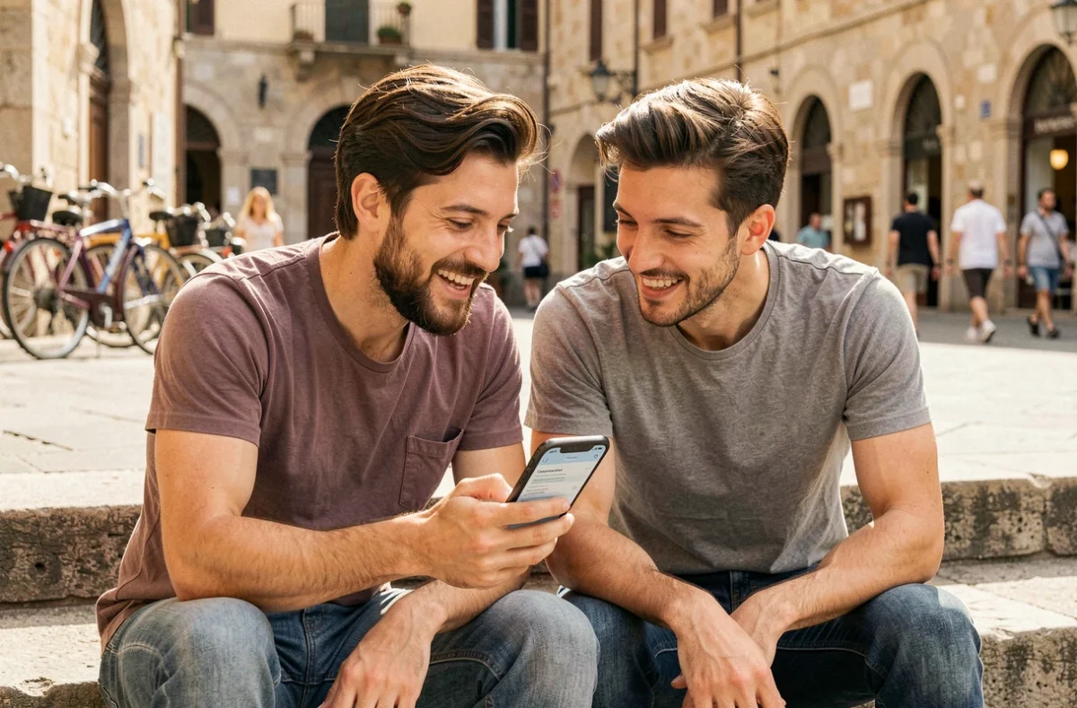 Due amici italiani che condividono uno smartphone per un pagamento tramite app bancaria in una piazza italiana