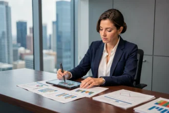 Professionista donna che analizza grafici azionari e report finanziari alla scrivania in un moderno ufficio con vista sulla città