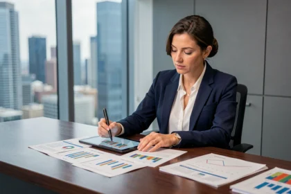 Professionista donna che analizza grafici azionari e report finanziari alla scrivania in un moderno ufficio con vista sulla città