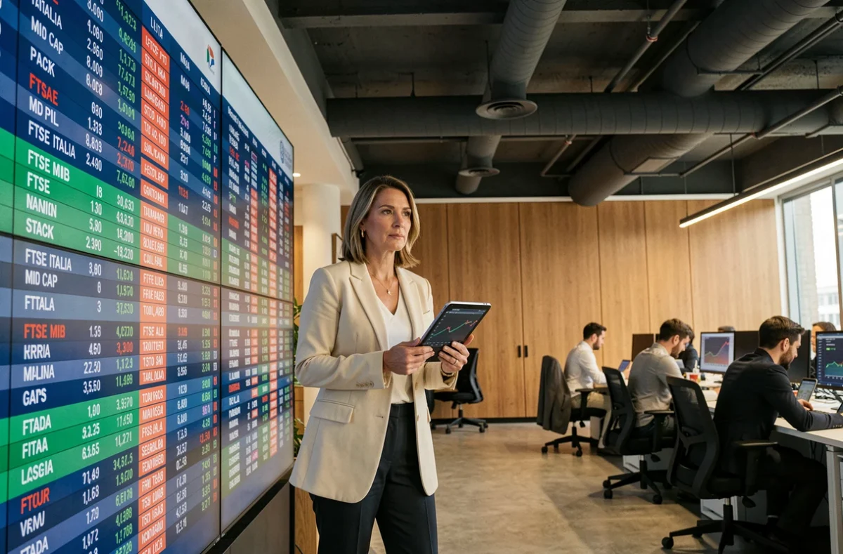 Analista donna davanti a un tabellone digitale con gli indici della Borsa italiana in tempo reale