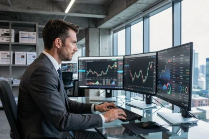 Analista finanziario che studia grafici di Ethereum su monitor multipli in un ufficio fintech moderno