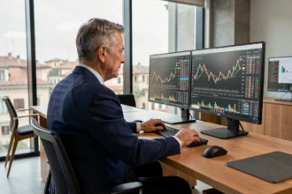Analista finanziario che esamina grafici di borsa italiana su monitor in un ufficio moderno a Milano nel 2026