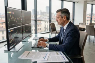 Analista finanziario che esamina gli indici della Borsa italiana su schermi multipli in un ufficio moderno a Milano