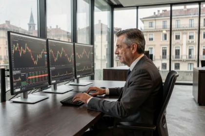 Analista finanziario italiano che studia i grafici del mercato azionario su schermi multipli in un ufficio moderno a Milano