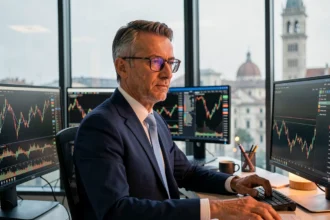 Analista finanziario italiano che studia grafici della Borsa Italiana su monitor in un ufficio moderno a Milano