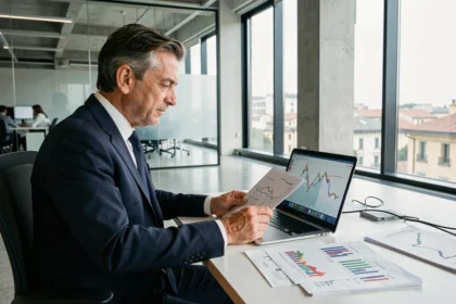 Analista finanziario italiano in abito blu esamina grafici azionari della Borsa italiana nel primo trimestre 2026