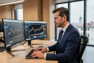 Analista finanziario che esamina i grafici di Litecoin su monitor in un ufficio moderno a Milano, rappresentando il trading di criptovalute su Borsa Italiana