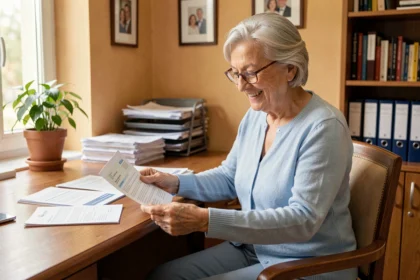 Anziana donna italiana che esamina documenti pensionistici in una casa di riposo