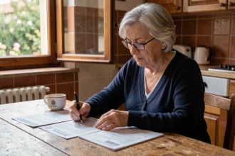 Anziana donna italiana che esamina documenti sulla pensione di reversibilità seduta al tavolo di casa