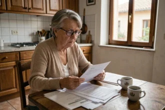 Anziana donna italiana che esamina documenti pensionistici e pratiche burocratiche al tavolo di cucina, tema assegno sociale 2026