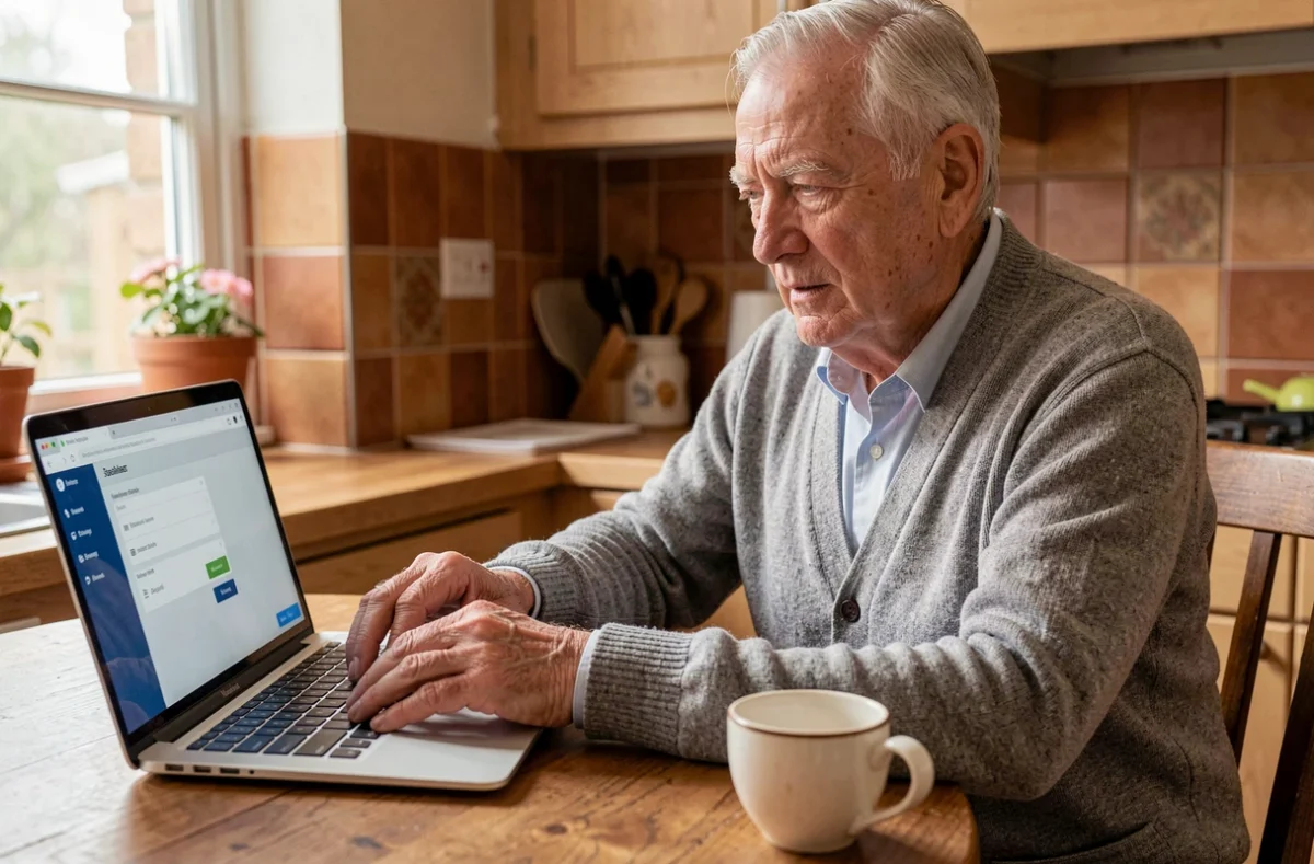 Anziano che utilizza il portale di internet banking sul laptop in cucina