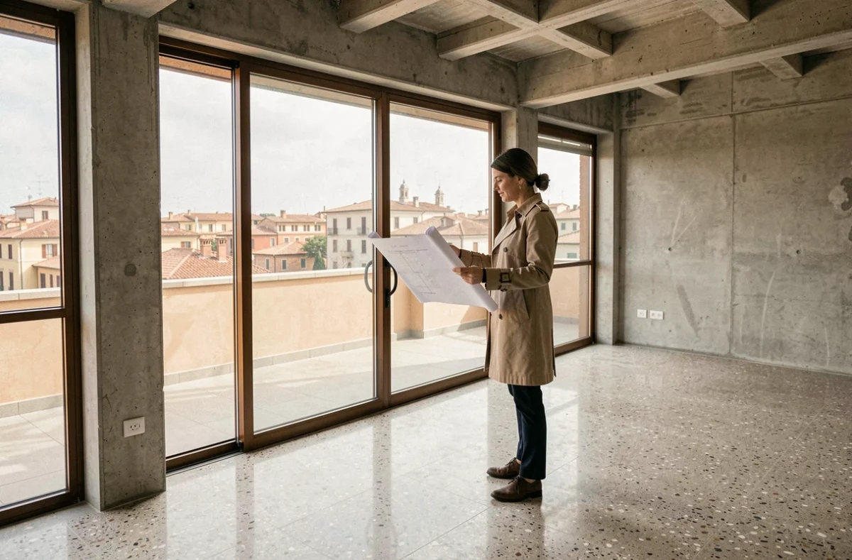 Donna professionista esamina planimetrie in appartamento ristrutturato con vista sui tetti di Roma, mercato immobiliare italiano 2026