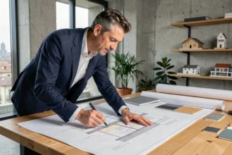 Architetto italiano che esamina progetti edilizi in uno studio moderno a Milano, rappresentando le tendenze immobiliari 2026