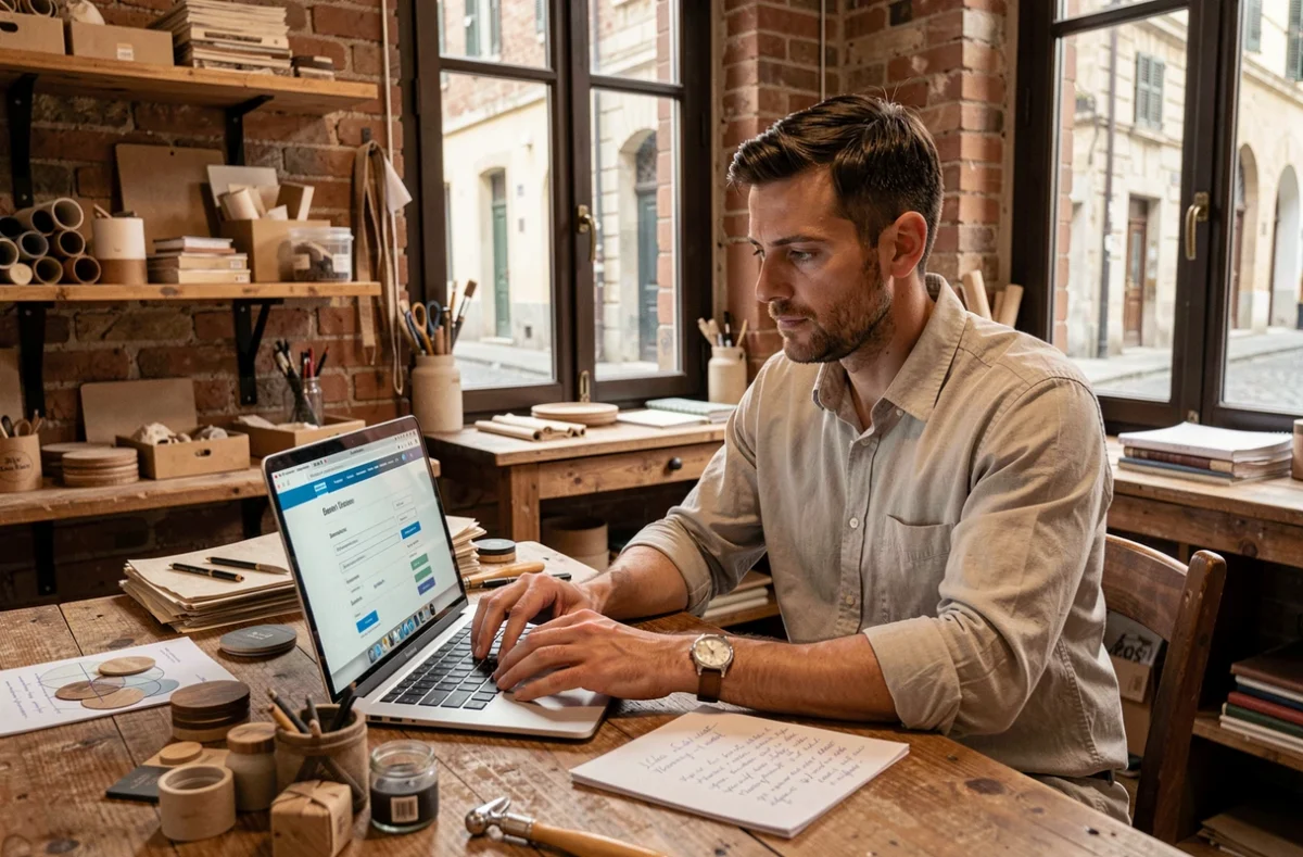 Titolare di piccola impresa artigiana italiana compila una richiesta di finanziamento online nel suo laboratorio