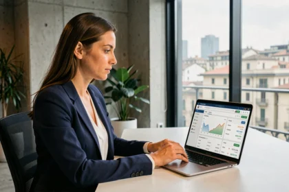 Professionista italiana che gestisce il conto bancario online su laptop in un ufficio moderno a Milano nel 2026