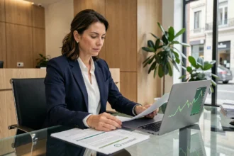 Banchiera italiana che esamina report di finanza verde e grafici di investimento sostenibile in una filiale bancaria moderna