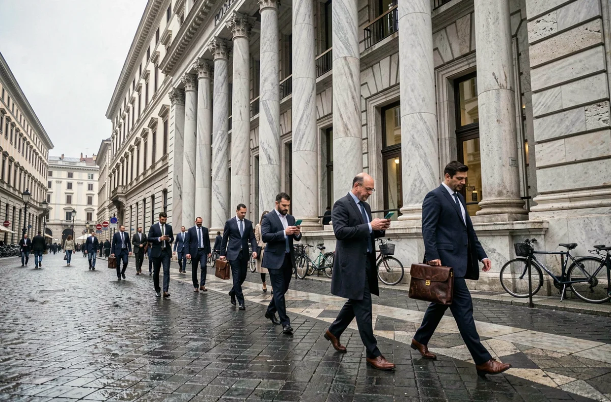 Vista della Borsa Italiana in Piazza degli Affari a Milano con professionisti finanziari di passaggio