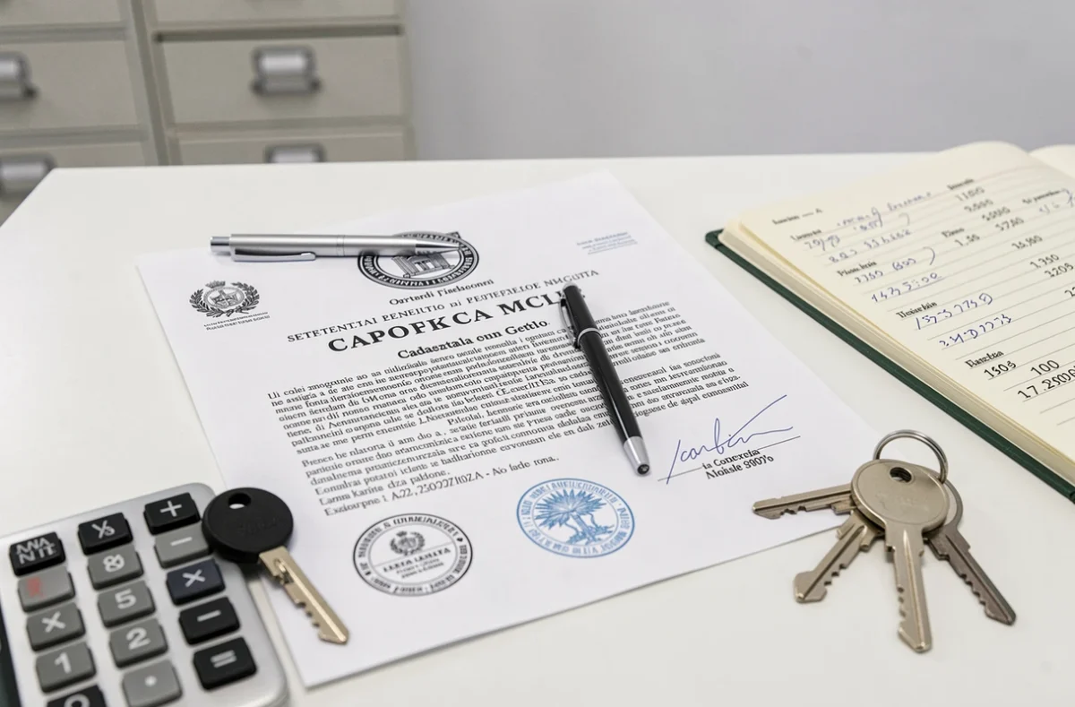 Certificato catastale italiano con chiavi di casa, penna e calcolatrice su scrivania per riforma catasto 2026