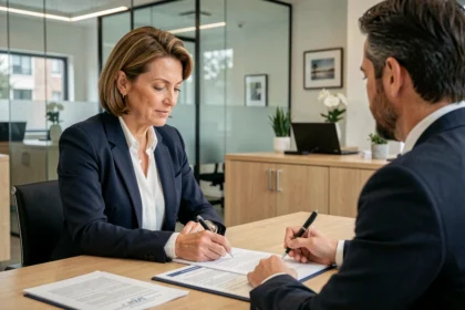 Una donna professionista firma documenti per la cessione del quinto in una filiale bancaria moderna, assistita da un consulente finanziario