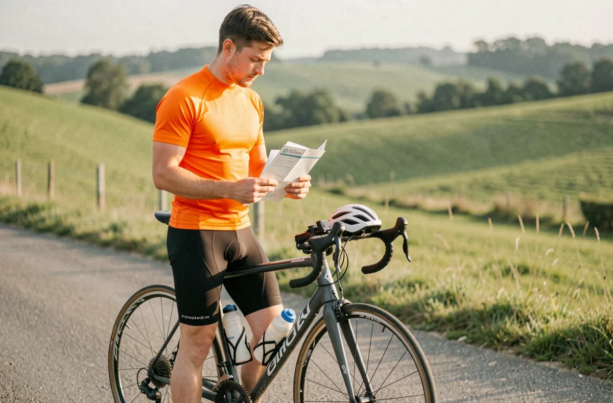 Ciclista su strada di campagna che legge un opuscolo informativo sulle polizze assicurative per sport e infortuni