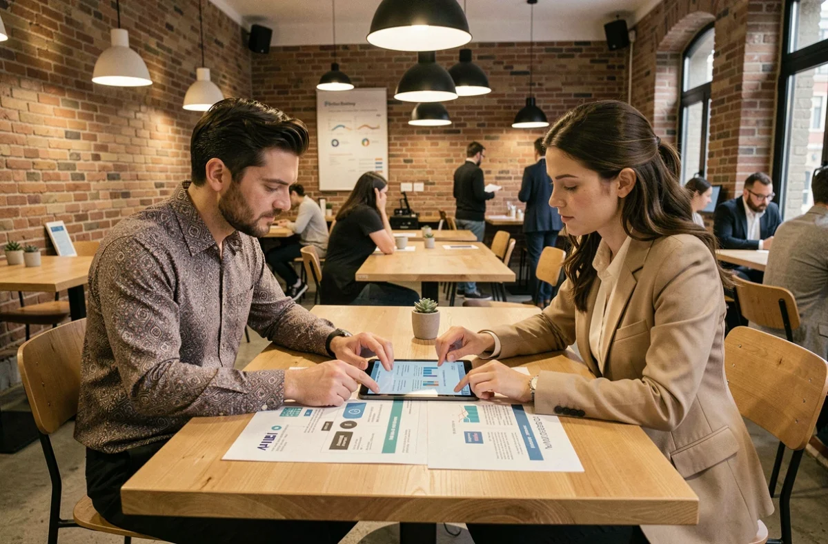 Due colleghi fintech che collaborano su sistemi di pagamento digitale in uno spazio co-working a Torino