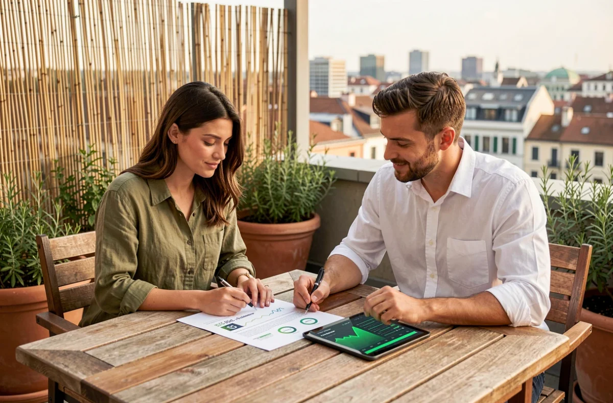 Due giovani colleghi analizzano un report di investimenti ESG sostenibili su una terrazza di un edificio finanziario italiano