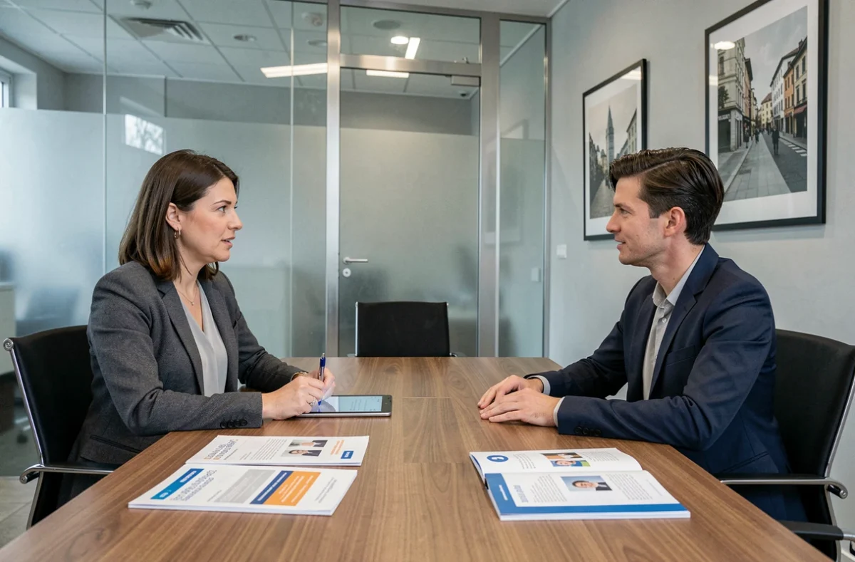 Imprenditrice italiana in colloquio con un consulente bancario per ottenere un credito aziendale