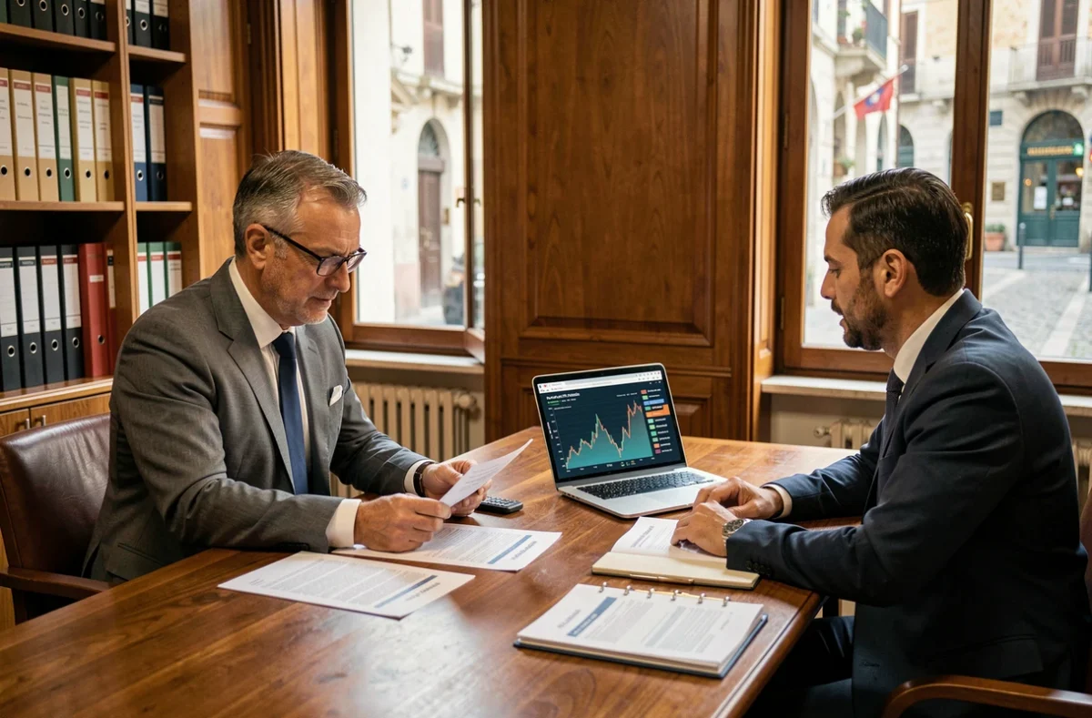 Commercialista e imprenditore che analizzano documenti sul credito d'imposta 2026 in uno studio professionale italiano