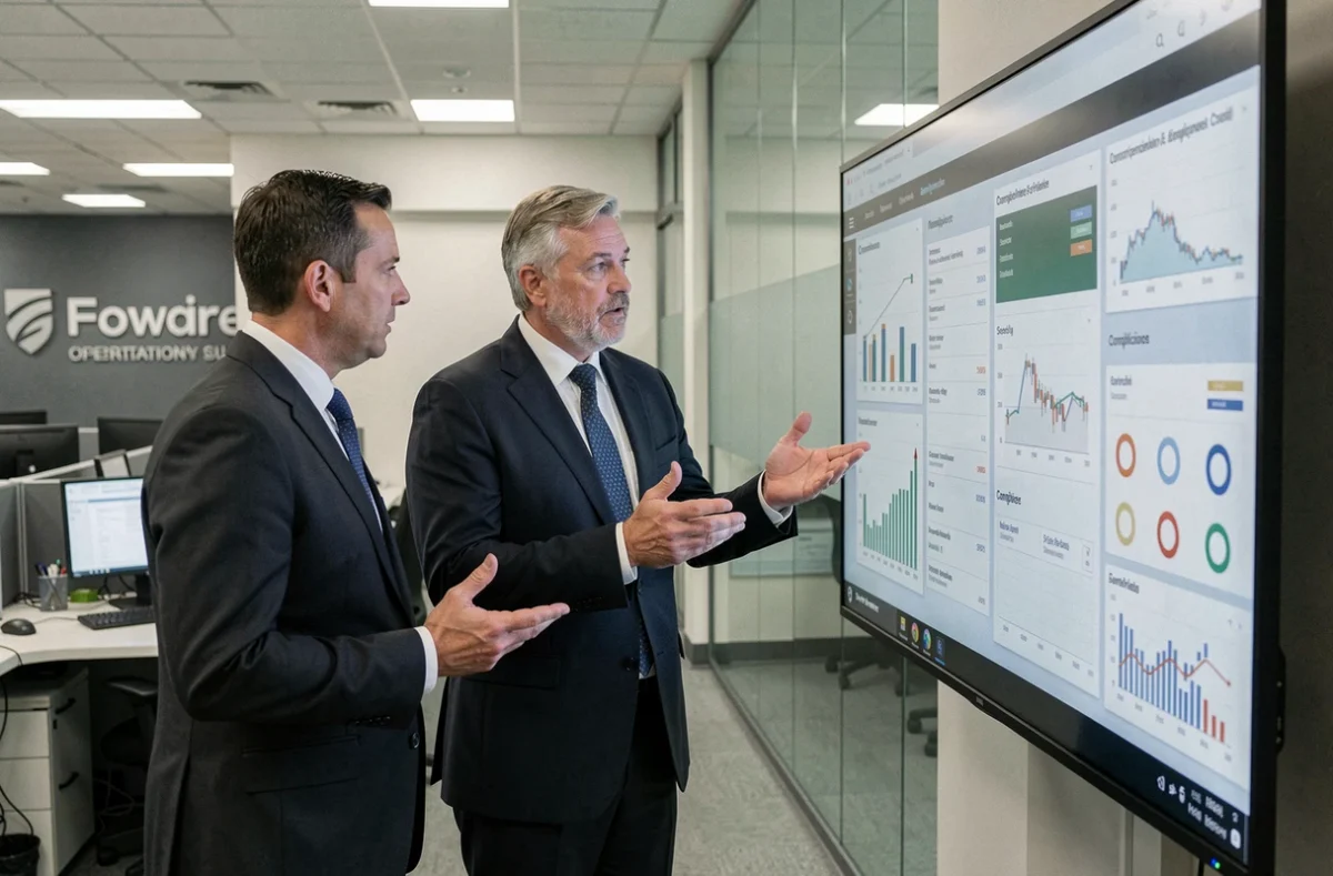 Due esperti di compliance bancaria analizzano grafici di monitoraggio finanziario in un centro operativo moderno