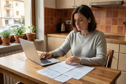 Donna che confronta documenti di assicurazione casa sul tavolo della cucina con laptop aperto