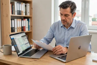 Uomo che confronta i tassi dei prestiti personali delle banche italiane su laptop e documenti cartacei in un ufficio domestico moderno