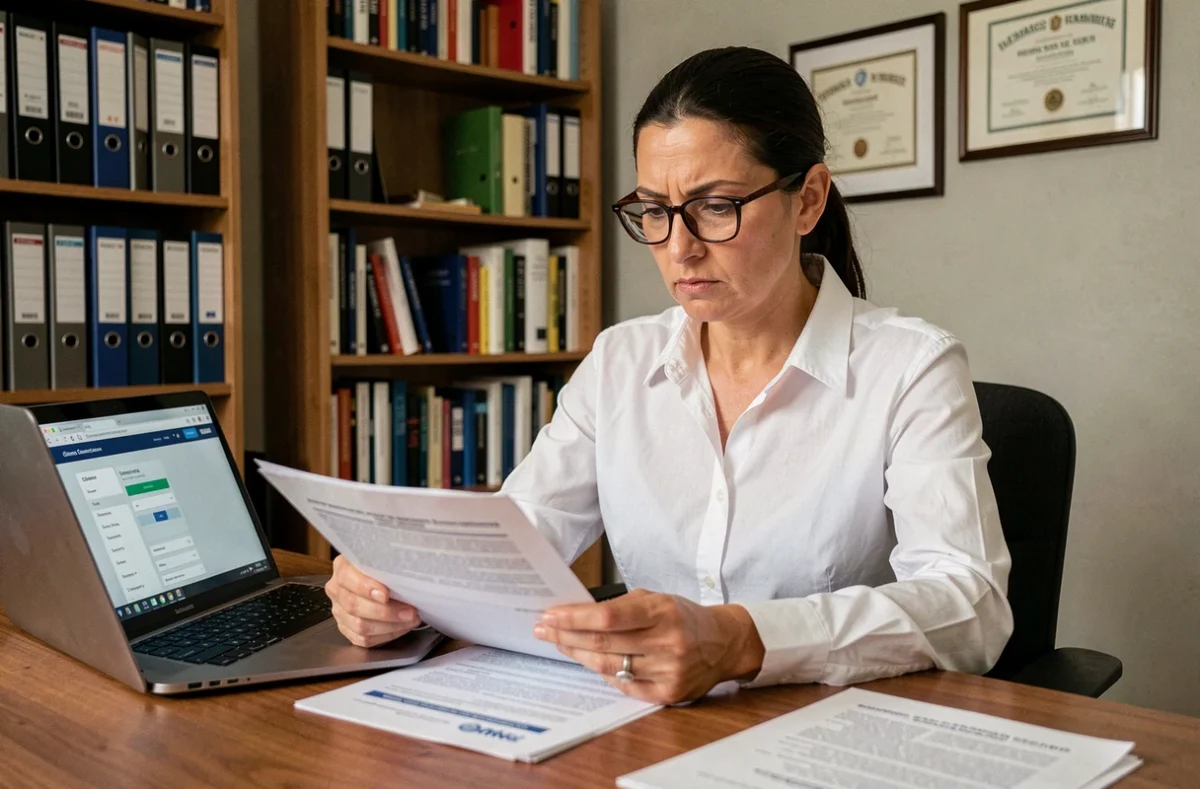 Consulente assicurativa che esamina documenti di polizza per copertura rischio sismico seduta alla scrivania di un ufficio
