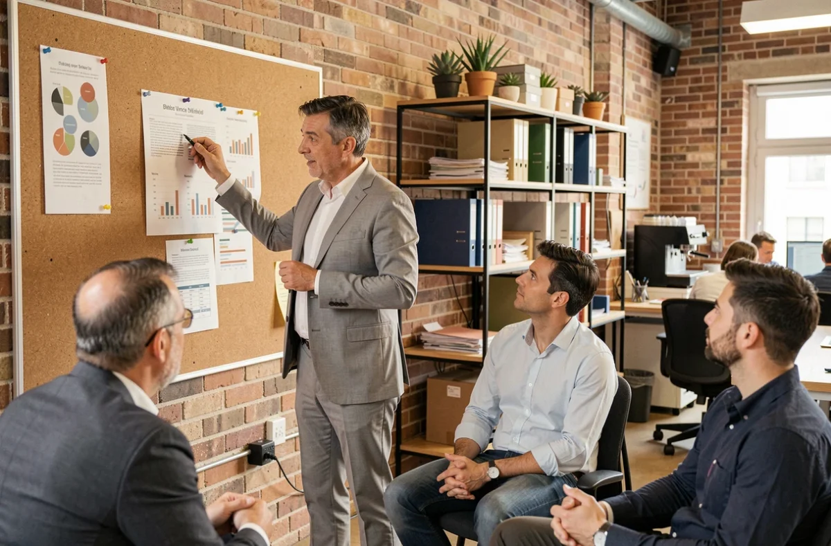 Consulente assicurativo italiano che illustra i vantaggi dell'assicurazione professionale per piccole imprese in uno spazio co-working