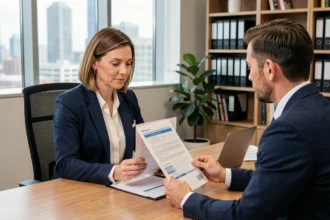 Una professionista e un consulente assicurativo esaminano documenti di assicurazione sanitaria in un ufficio moderno