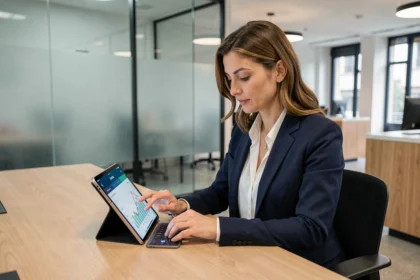 Consulente bancaria italiana che utilizza un tablet con interfaccia di banca digitale in una filiale moderna nel 2026