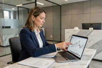Consulente bancaria donna che analizza grafici azionari su laptop in una filiale moderna, ideale per investimenti in borsa tramite banca