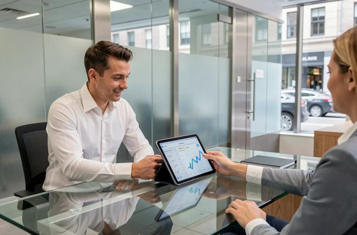 Consulente bancario e cliente che discutono di servizi digitali su tablet in filiale moderna