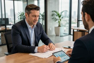 Un uomo d'affari italiano consulta un consulente bancario in un ufficio moderno, esaminando documenti finanziari e grafici su tablet per investimenti sicuri nel 2026