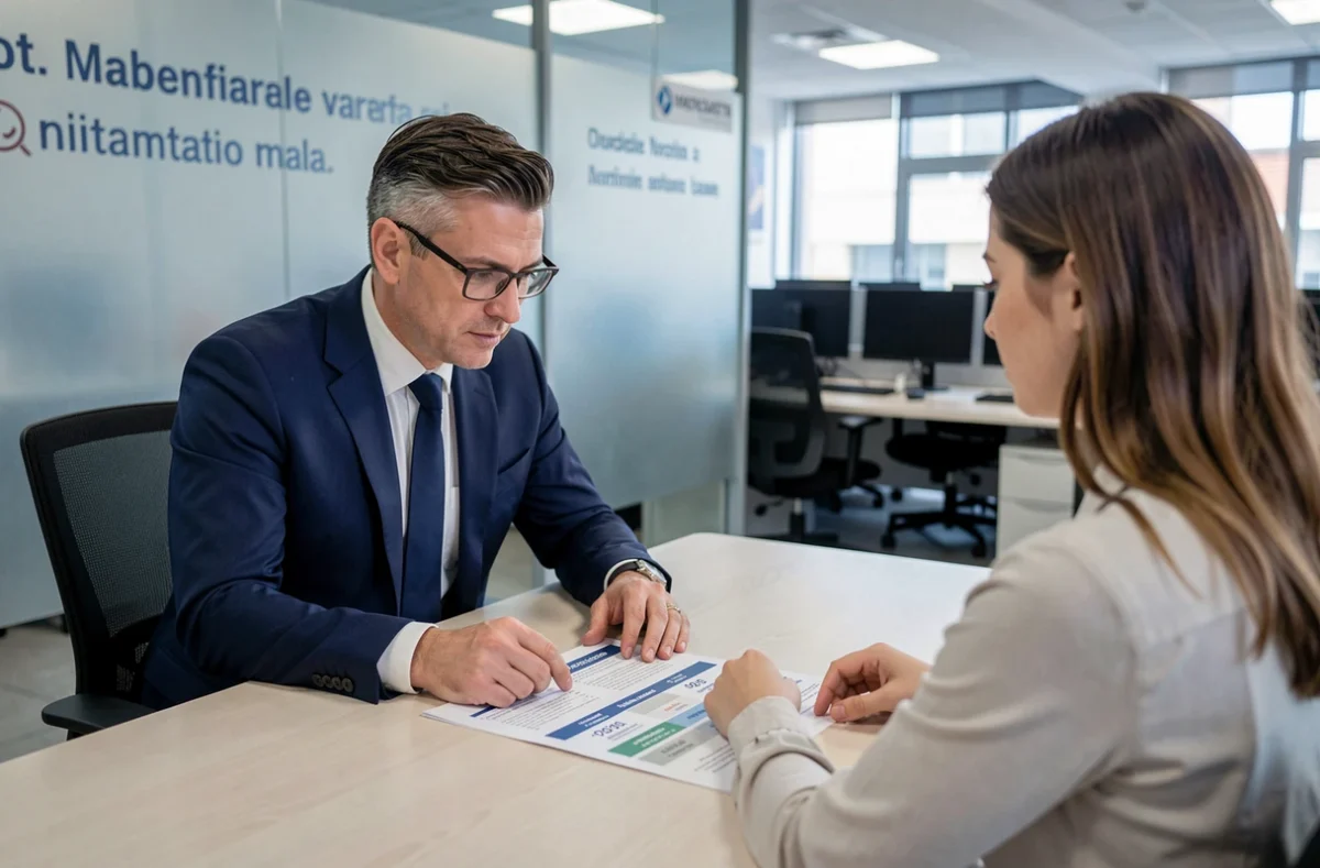 Consulente bancario italiano mostra offerte di mutuo a una cliente in una filiale bancaria moderna
