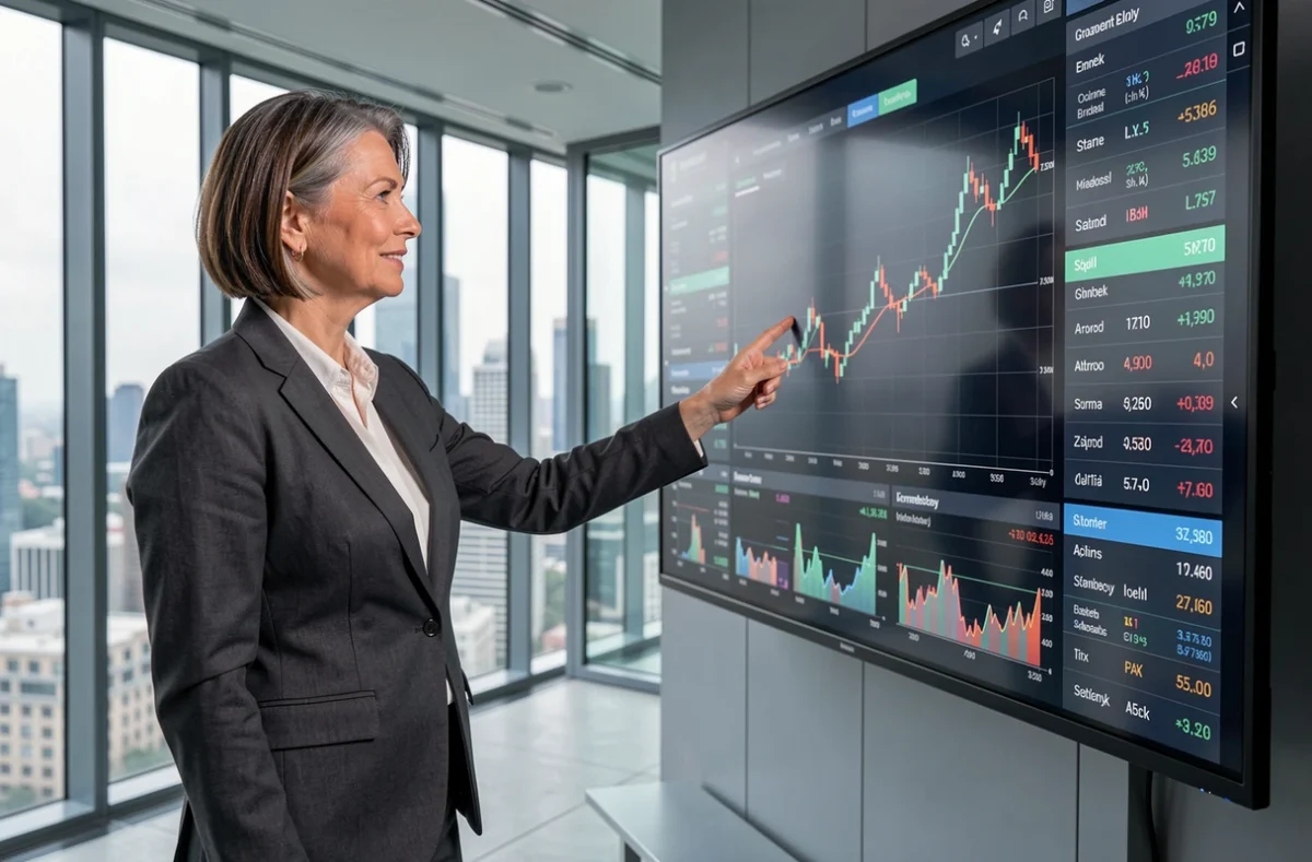 Consulente finanziaria donna presenta grafici di borsa per investimenti pensionistici in ufficio moderno