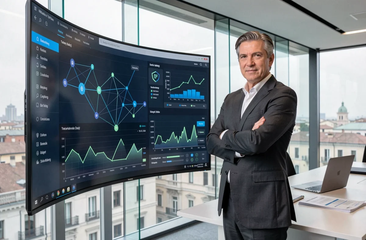 Consulente finanziario davanti a schermo con visualizzazione blockchain e grafici criptovalute in ufficio a Roma