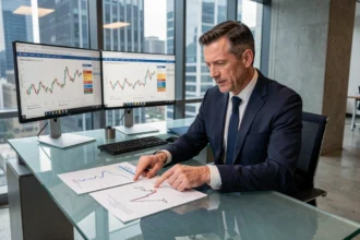 Consulente finanziario che analizza grafici azionari e documenti assicurativi su una scrivania di vetro in un ufficio moderno con vista sulla città